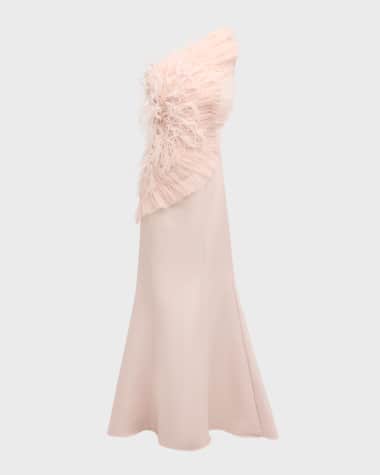 Badgley Mischka Collection Strapless Feather-Embellished Ruffle Gown
