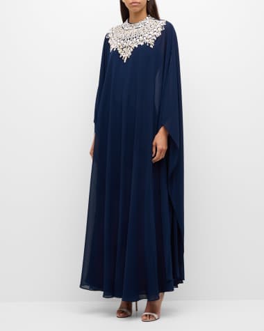 Badgley Mischka Collection Beaded Mock-Neck Cape Caftan Gown
