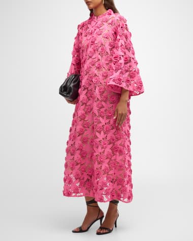 La Vie Style House Flare-Sleeve Floral Lace & Applique Midi Caftan