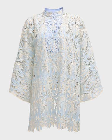 La Vie Style House Flare-Sleeve Floral Lace Mini Caftan