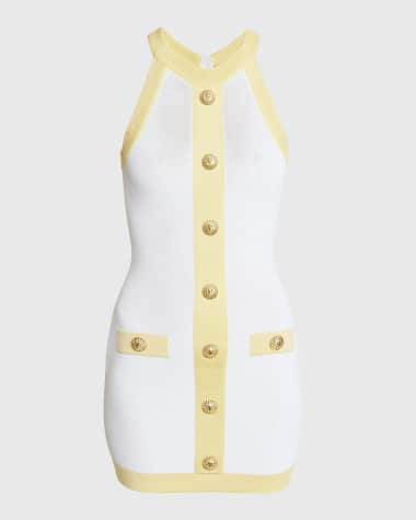 Balmain Halter Button-Front Pointelle Knit Mini Dress