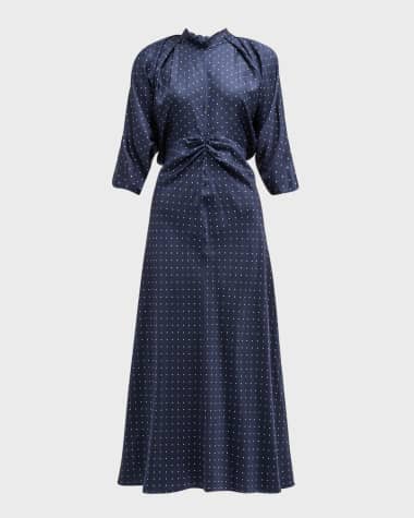Oroton Ruched Dolman-Sleeve Polka Dot Silk Midi Dress