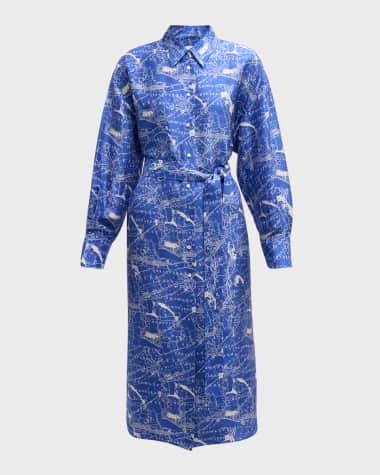 Oroton Map-Print Silk Midi Shirtdress