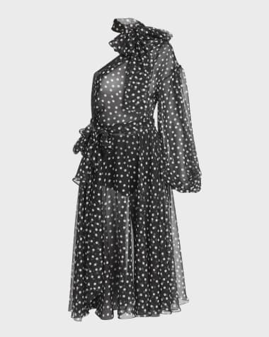 Dolce&Gabbana Coriander Peak Polka-Dot Chiffon One-Shoulder Bow Midi Dress