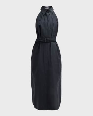 Brunello Cucinelli Techno Cotton Poplin Shirtdress with Raffia Belt and Monili Detail