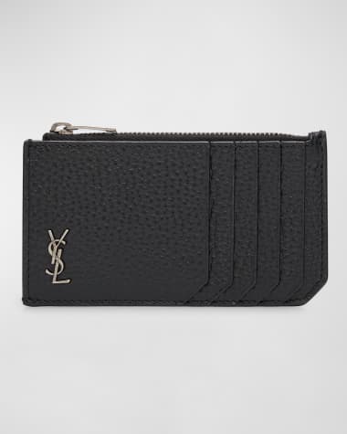 Saint Laurent Men's YSL Zip Card Holder in Grained Leather