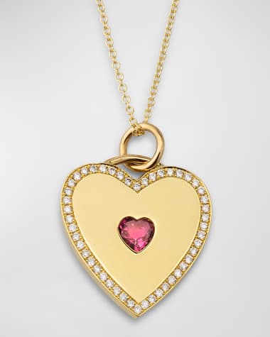 Jennifer Meyer 18K Yellow Gold Heart Pendant Necklace with Pink Tourmaline Center and Diamonds