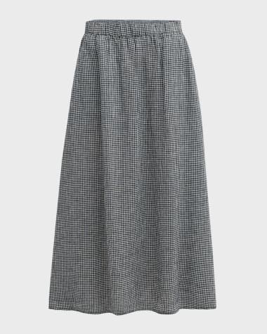 Eileen Fisher Crinkled Gingham Organic Linen Midi Skirt