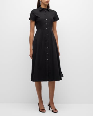 Theory Good Linen Short-Sleeve Button-Front Midi Shirt Dress