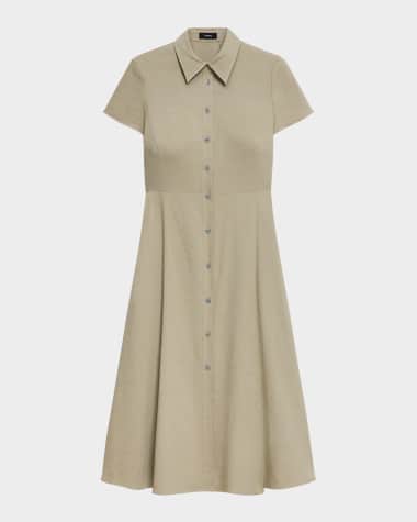 Theory Good Linen Short-Sleeve Button-Front Midi Shirt Dress