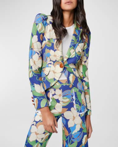 Smythe Pouf-Sleeve Floral Linen-Blend One-Button Blazer