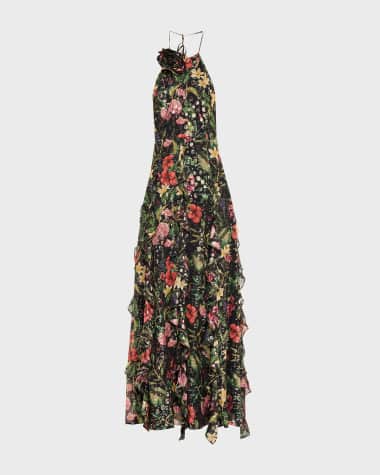 Ramy Brook Idella Metallic Floral-Print Ruffle Halter Gown