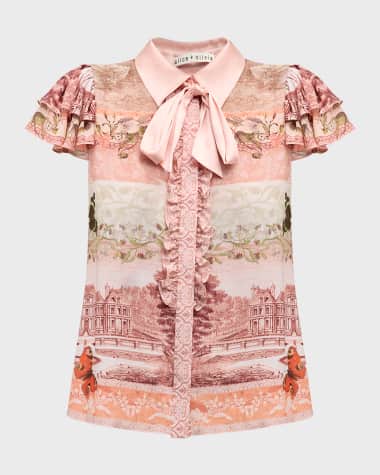 Alice + Olivia Versailles Minda Ruffle Short-Sleeve Tie Blouse