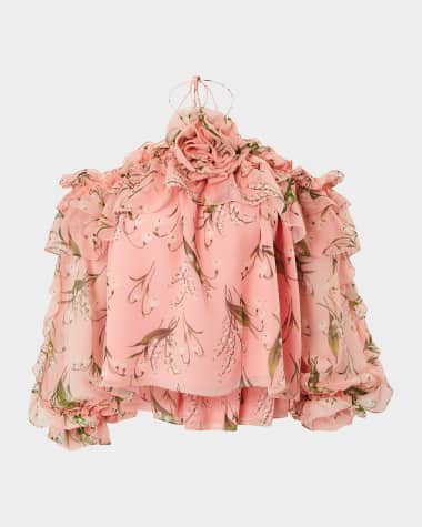Carolina Herrera Rose Halter Ruffle Long-Sleeve Silk Top