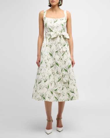 Carolina Herrera Floral Print Midi Dress with Sash Belt