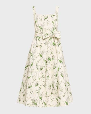 Carolina Herrera Floral Print Midi Dress with Sash Belt