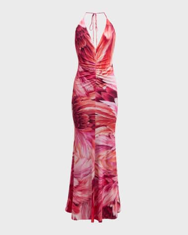 Roberto Cavalli Feather-Print Ruched Plunging Halter Gown