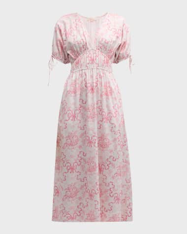 LoveShackFancy Mastey Floral Cotton Cinched-Waist Midi Dress