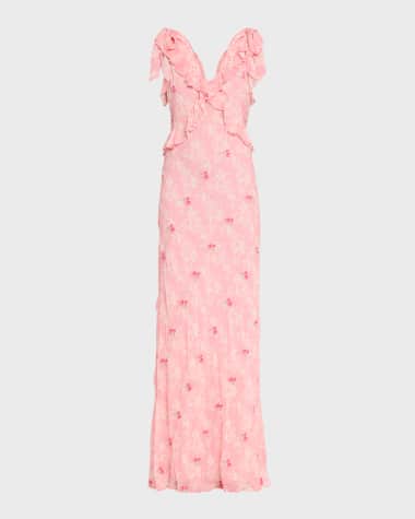 LoveShackFancy Orcene Ruffled Tie-Shoulder Chiffon Maxi Dress