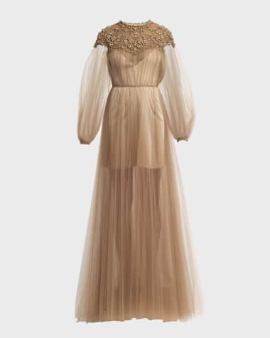 Valentino Garavani Crystal Embroidered Lace Long-Sleeve Pleated Tulle Gown