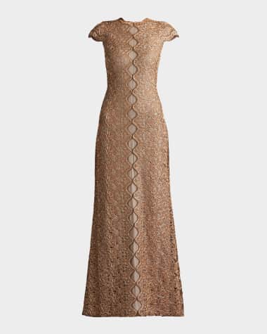 Tadashi Shoji Cap-Sleeve A-Line Floral Lace Gown