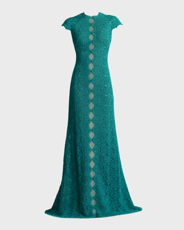 Tadashi Shoji Cap-Sleeve A-Line Floral Lace Gown