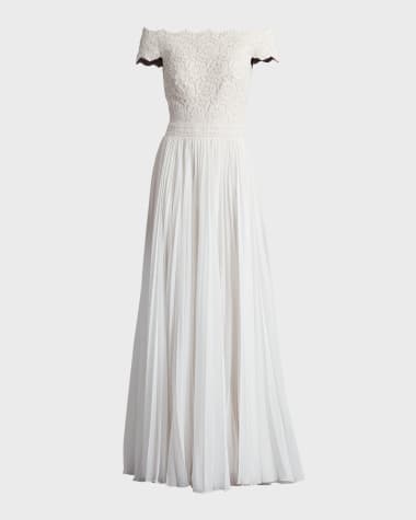 Tadashi Shoji Off-Shoulder Floral Lace & Pleated Chiffon Gown