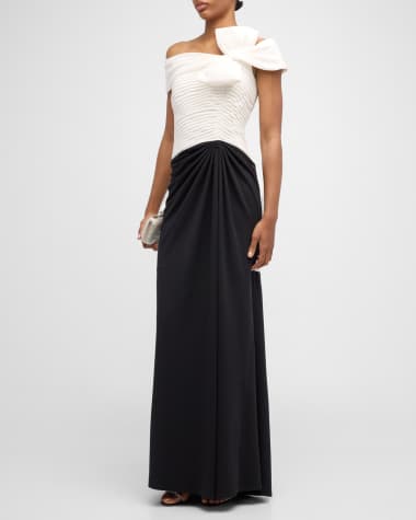 Tadashi Shoji Pleated Two-Tone Off-Shoulder Gown