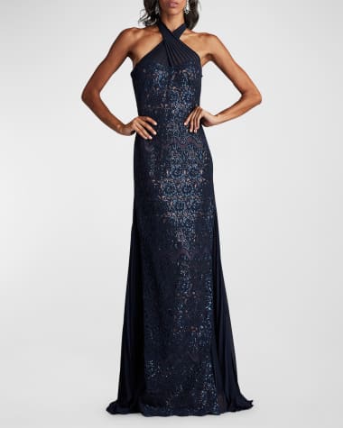 Tadashi Shoji Sleeveless Sequin Floral Lace Halter Gown