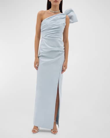 Rachel Gilbert Olive Pleated Draped One-Shoulder Bow Side-Slit Gown