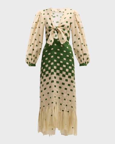 Johanna Ortiz Pradera Geometric-Print Tie-Cutout Long-Sleeve Midi Dress