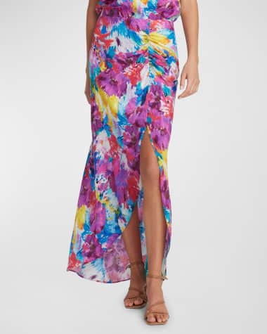 Robert Graham Tatum Side-Slit Mosaic Floral-Print Maxi Skirt