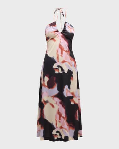 Tanya Taylor Kasia Floral Open-Back Halter Midi Dress