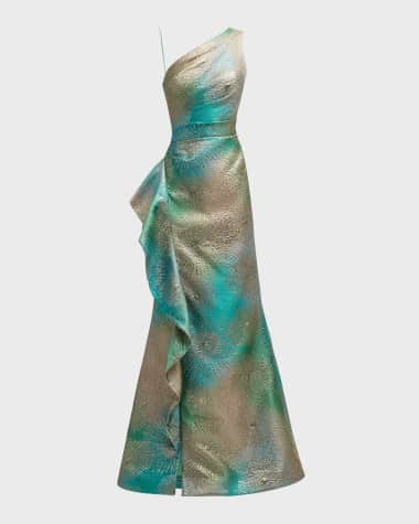 Rickie Freeman for Teri Jon One-Shoulder Ruffle Metallic Jacquard Gown