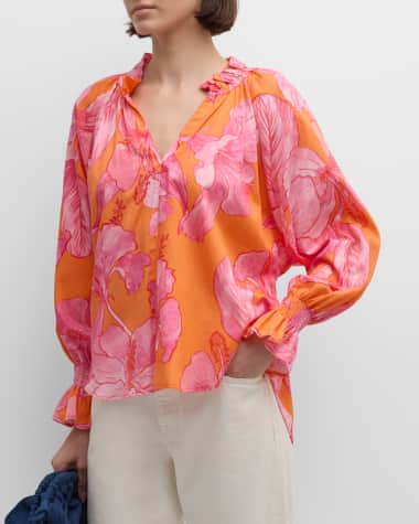 Finley Candance Floral-Print Blouson-Sleeve Cotton Top