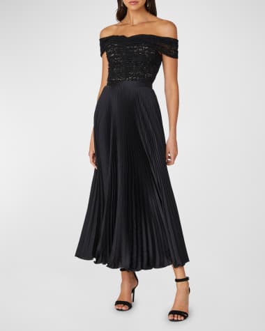 Shoshanna Pleated Off-Shoulder Corded Lace Midi Dress