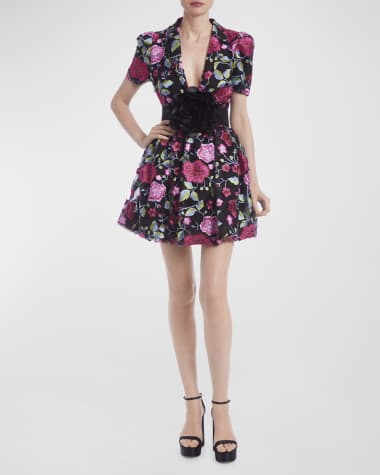 One33 Social Floral-Embroidered Deep V-Neck Mini Dress