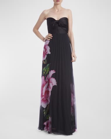 One33 Social Pleated Strapless Floral-Print Bow-Front Gown