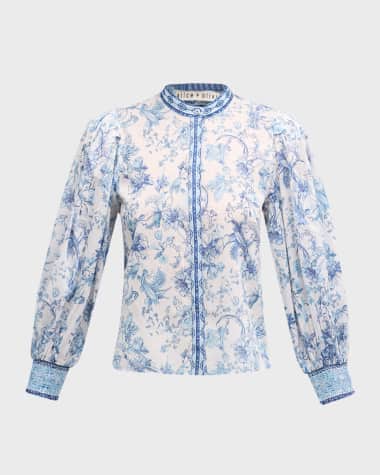 Alice + Olivia April Pleated Blouson-Sleeve Top