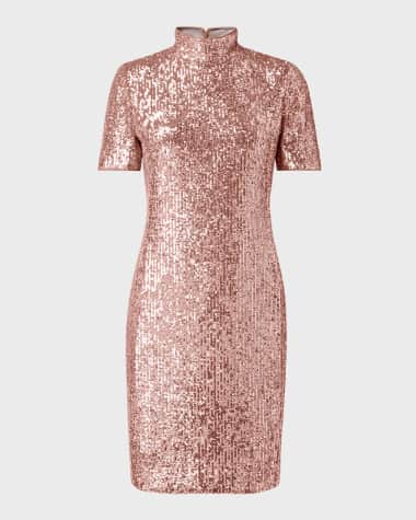 Akris Sequined Mock-Neck Short-Sleeve Mini Dress