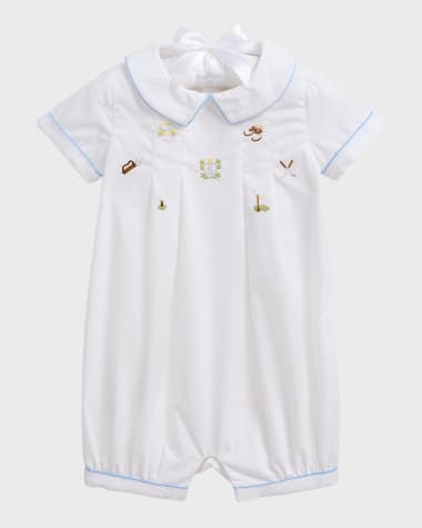 Ralph Lauren Childrenswear Boy's Embroidered Broadcloth Pleated One-Piece Shortalls, Size 9M-24M