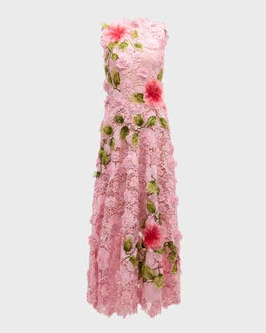 Oscar de la Renta Hibiscus Embroidered Sleeveless Floral Guipure Lace Midi Dress