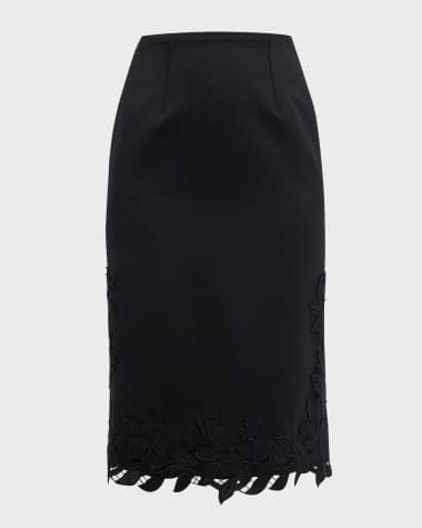 Oscar de la Renta Stretch Wool Pencil Skirt with Marbled Carnation Guipure Detail