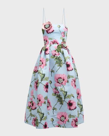 Oscar de la Renta Flower Embroidered Strapless Poppies Faille Midi Dress