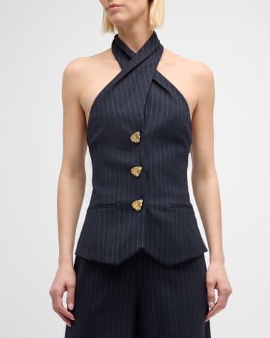 Oscar de la Renta Halter Button-Front Pinstripe Tailored Blouse