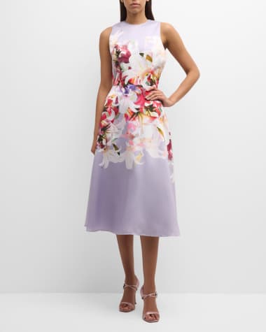 Rickie Freeman for Teri Jon Sleeveless Floral-Print Gazar Midi Dress