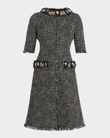 Rickie Freeman for Teri Jon Bead & Pearl-Embellished Tweed Midi Dress