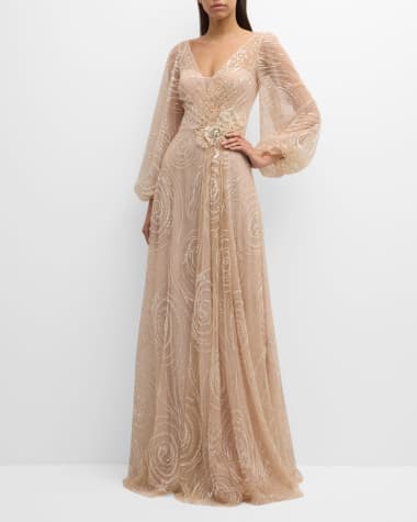Rickie Freeman for Teri Jon Bead & Sequin Flower-Embellished Tulle Gown