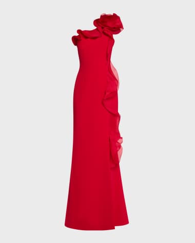 Rickie Freeman for Teri Jon One-Shoulder Ruffle Crepe Gown