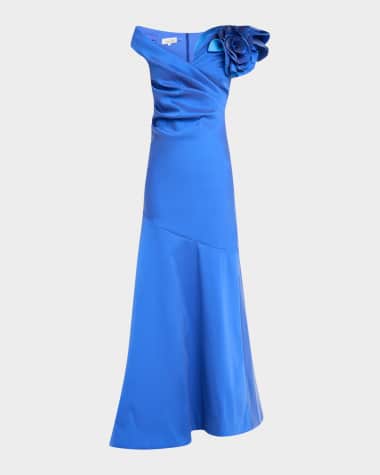 Rickie Freeman for Teri Jon Pleated Off-Shoulder Ruffle Gazar Gown